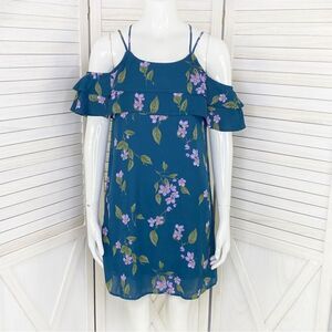 Mi Ami Francesca’s Floral Cold Shoulder Tiered Ruffle Shift Dress Teal XS